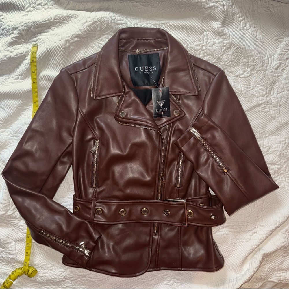 Guess Women's Rich Brown Leather Belted Jacket Small – Gold Zipper Detail